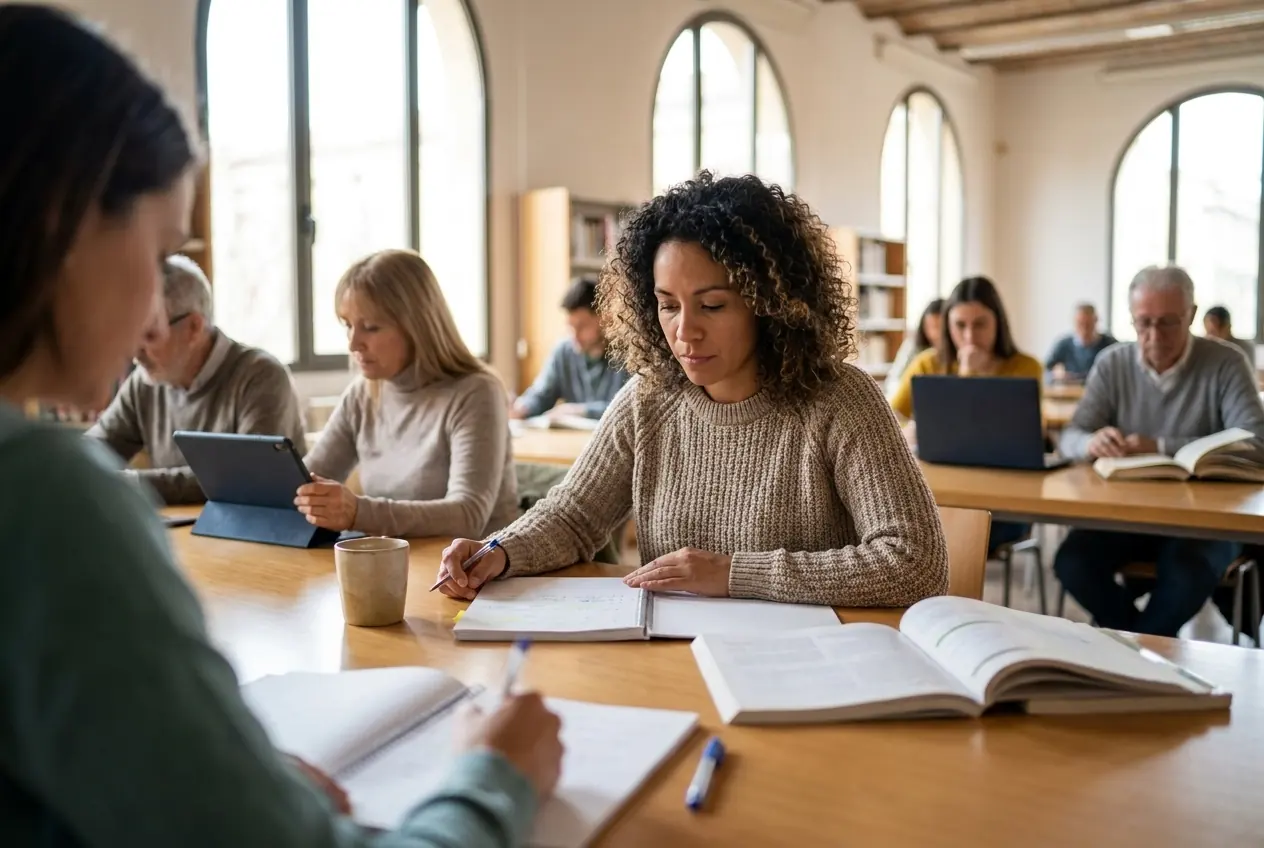 Mujer estudiando un sábado por la mañana en una biblioteca pública (imagen generada con IA)