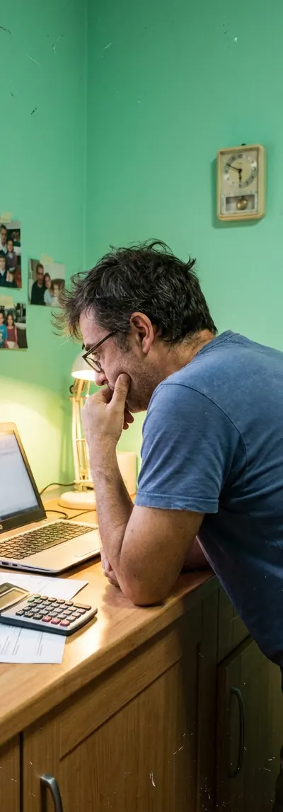 Hombre repasando una hoja de cálculo con una calculadora en la encimera de la cocina (imagen generada con IA)