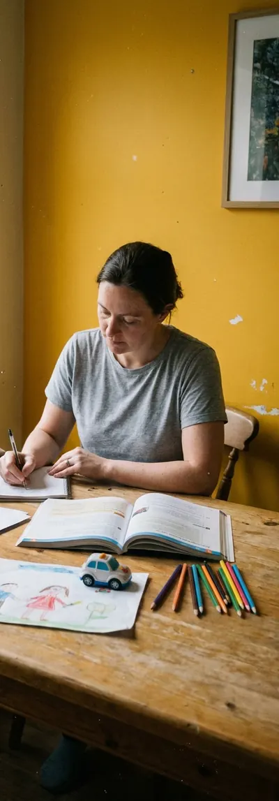 Madre estudiando educación infantil en la mesa del salón, con un dibujo de su hijo al lado (imagen generada con IA)