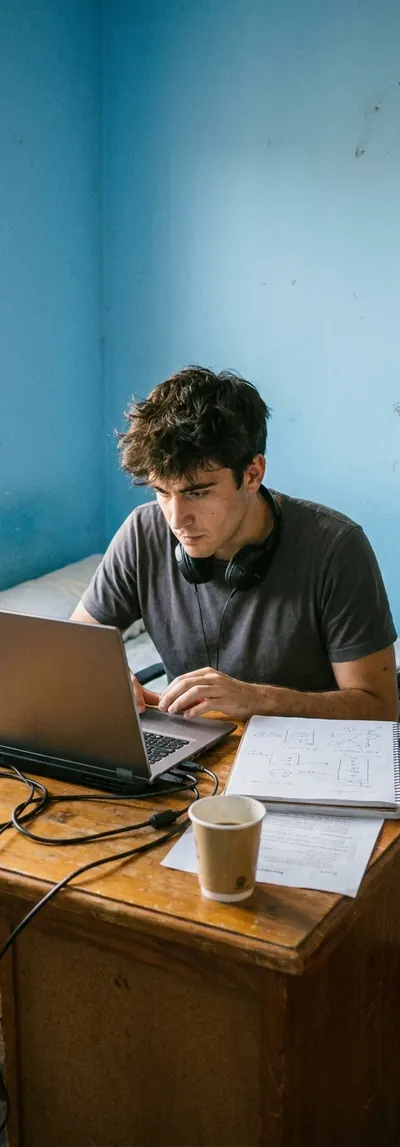 Chico programando con su portátil en su habitación (imagen generada con IA)