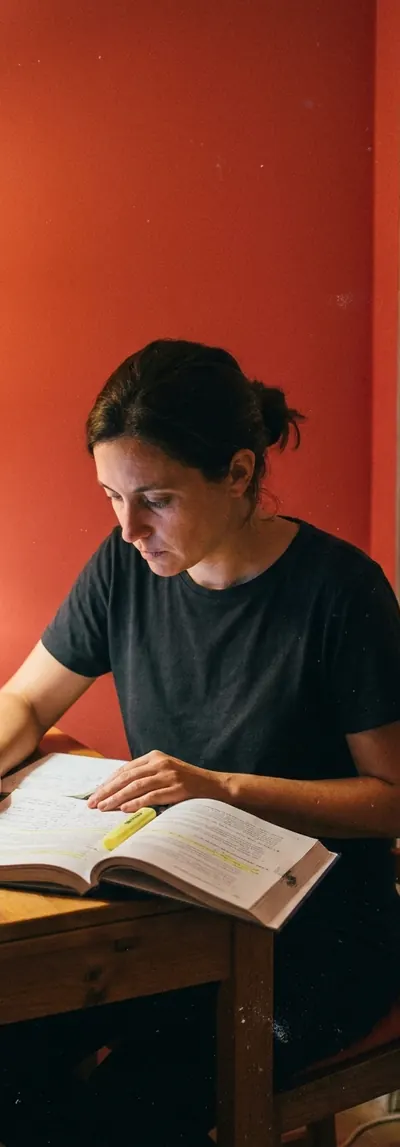 Mujer estudiando un libro de auxiliar de enfermería por la noche en la mesa de su cocina (imagen generada con IA)