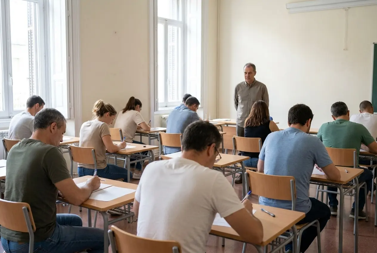 Personas adultas haciendo un examen escrito en un aula (imagen generada con IA)