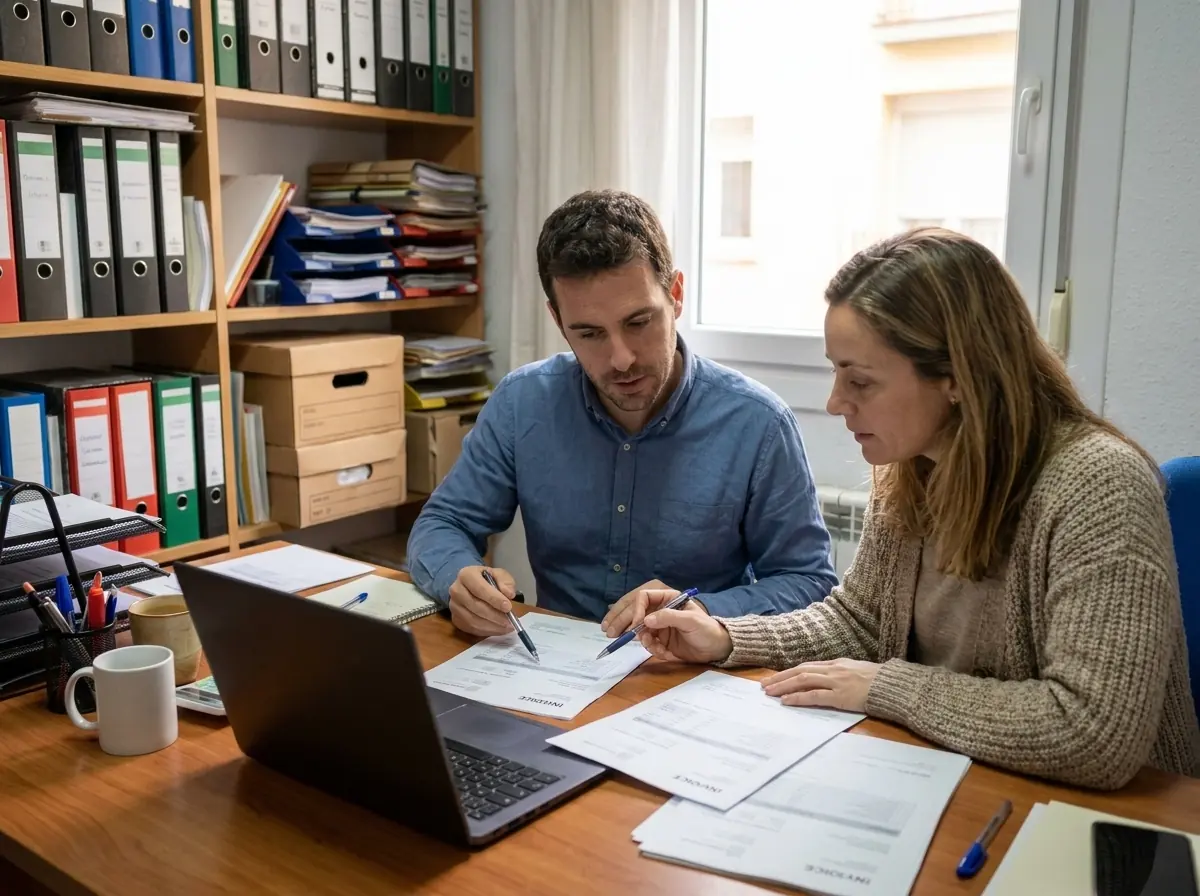 Estudiante en prácticas revisando facturas con una contable (imagen generada con IA)