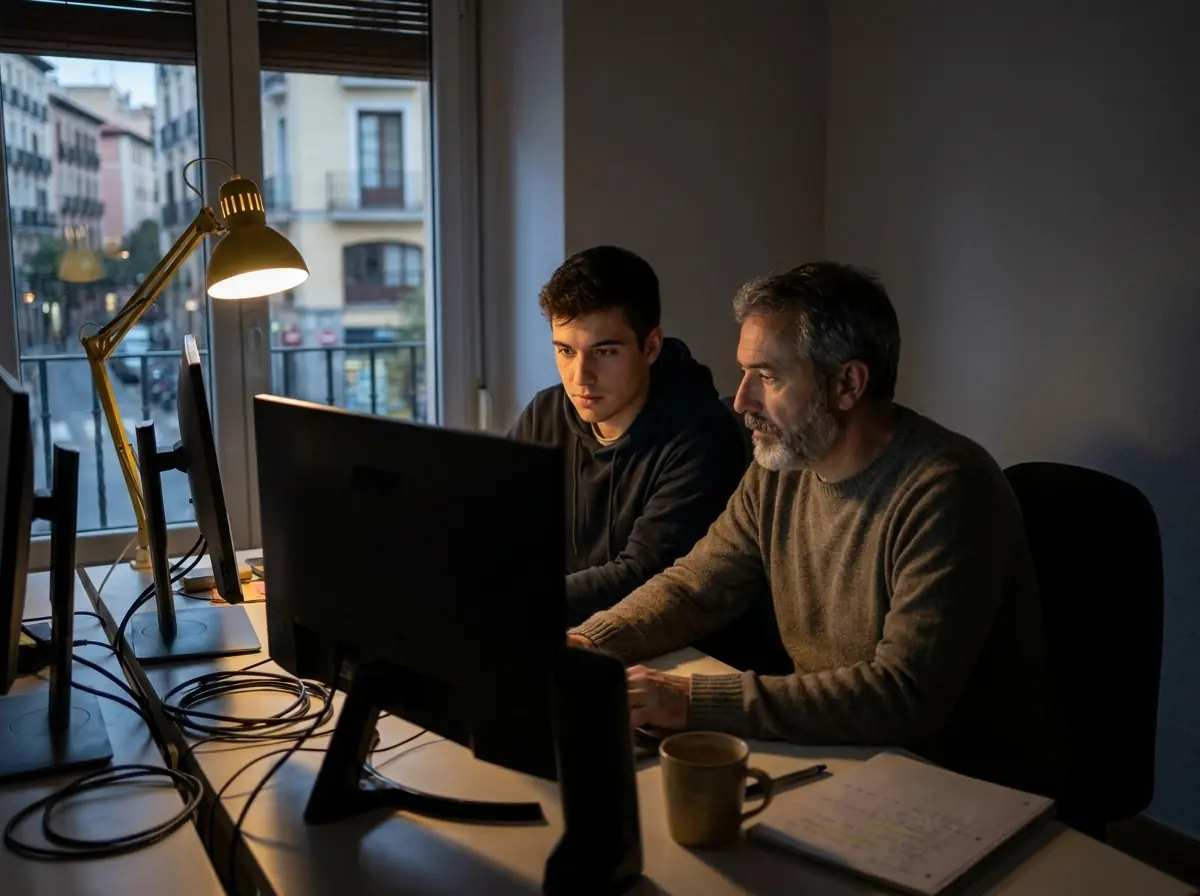 Estudiante de desarrollo en prácticas programando junto a un desarrollador (imagen generada con IA)