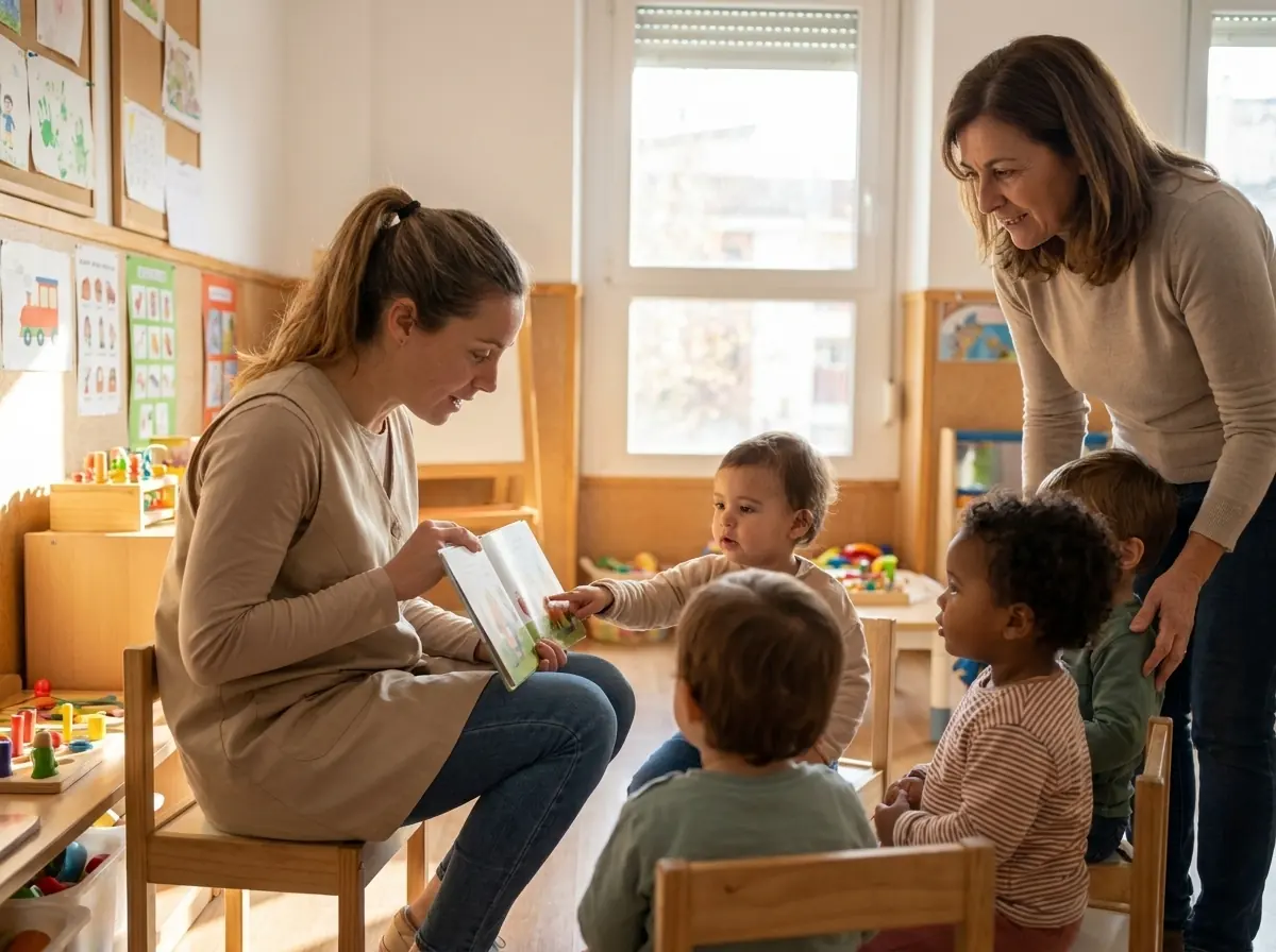 Estudiante en prácticas leyendo un cuento a un grupo de niños en una escuela infantil (imagen generada con IA)