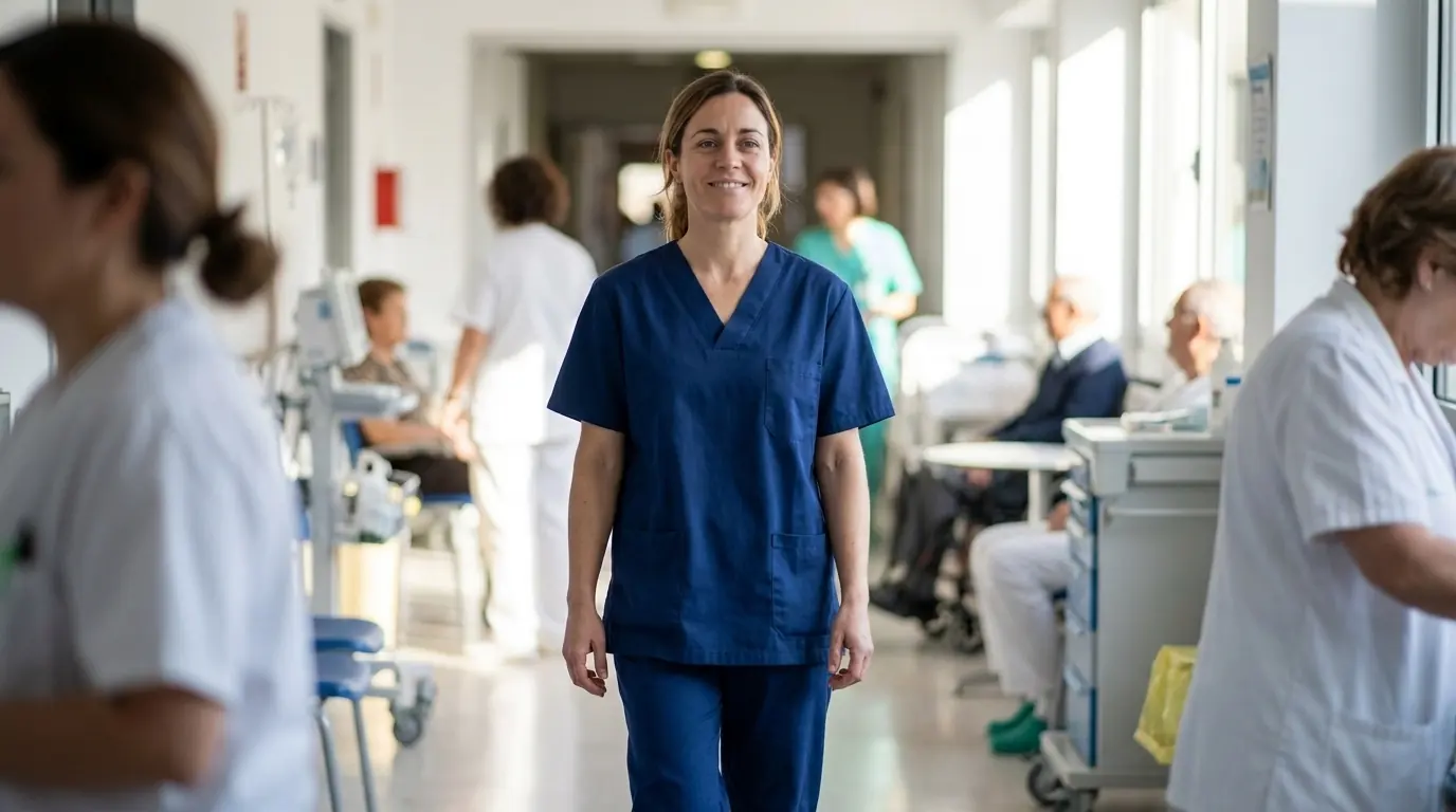 Auxiliar de enfermería caminando por el pasillo de un hospital en su primer día (imagen generada con IA)