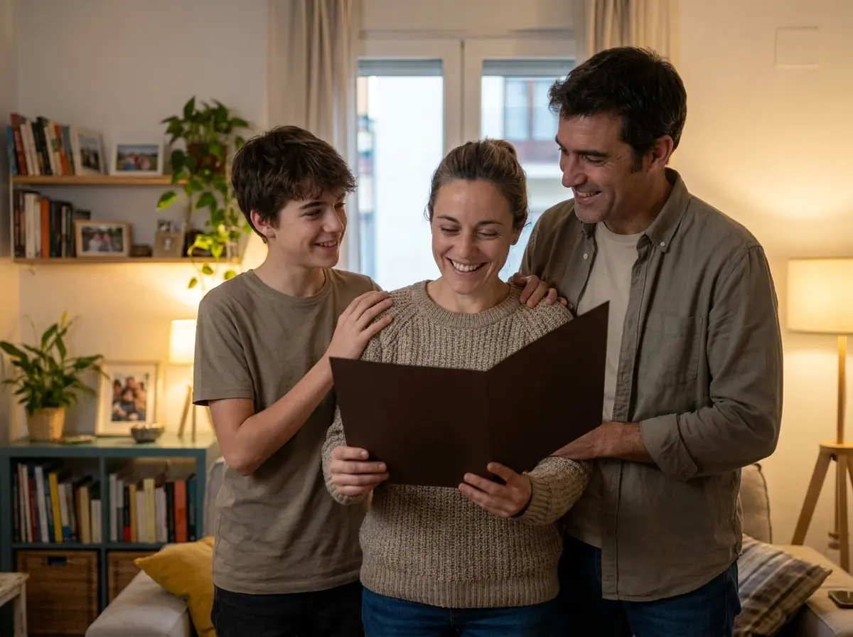 Mujer celebrando su título con su pareja y su hijo en el salón (imagen generada con IA)